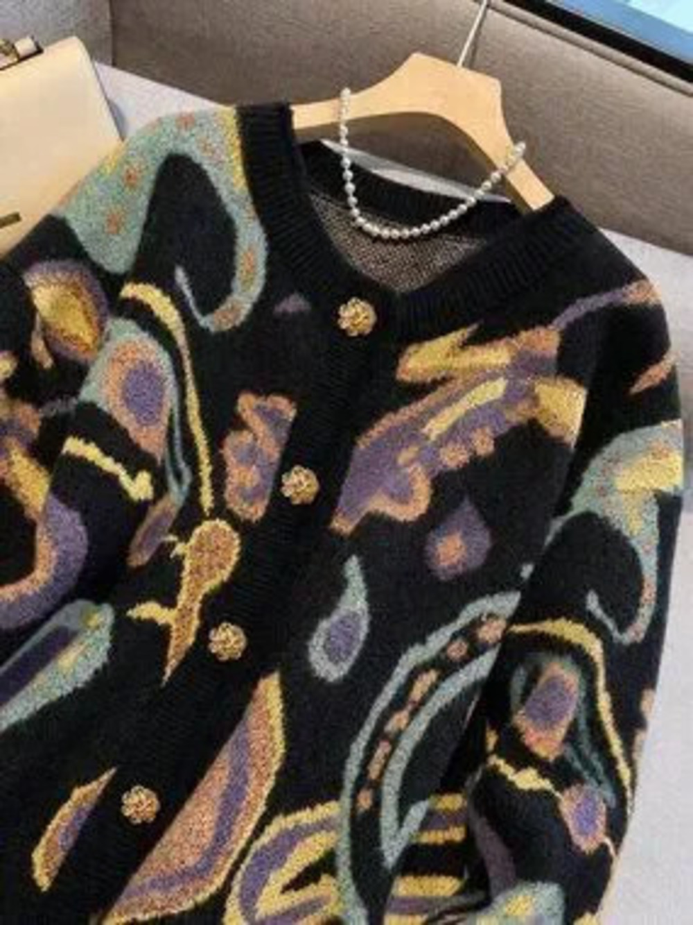 Black Casual Women's Plus Size Multi-Color Button Round Neck Knitted Cardigan